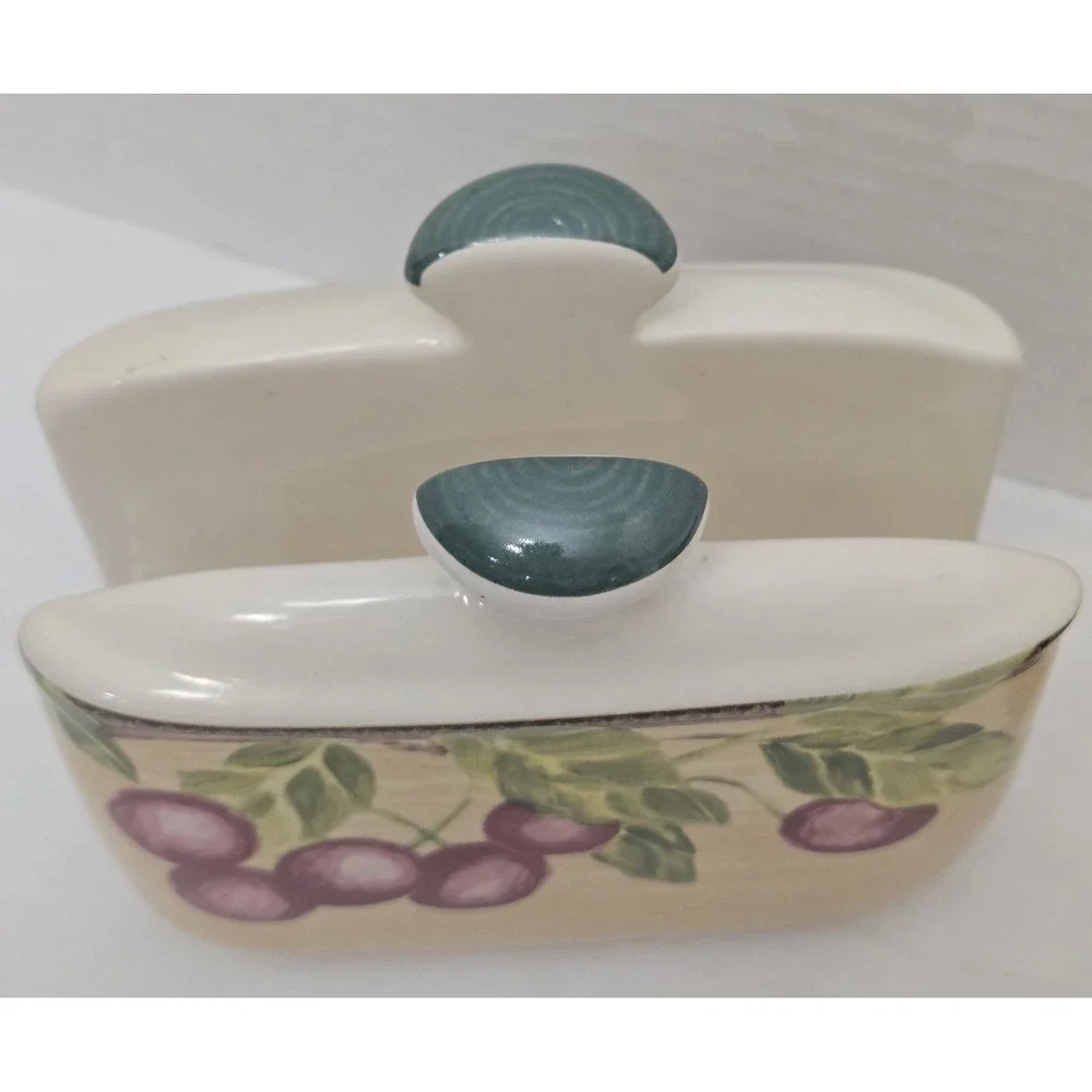 Vtg Jay Imports Ceramic Napkin Holder Salt Pepper Shaker Fruit Pattern Set of 3